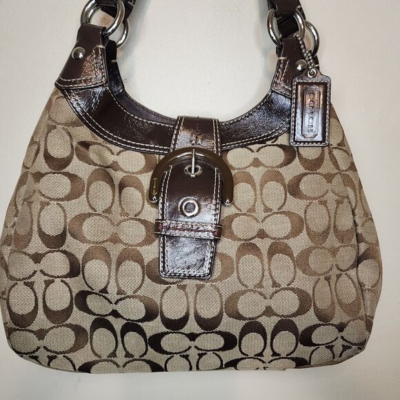 Vintage COACH SOHO SIGNATURE HOBO F17094 Khaki Mahogany Patent Leather Bag RARE - Picture 2 of 13